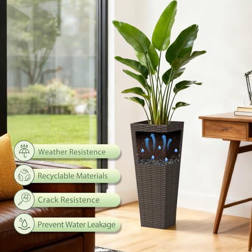 Greesum 23 Inch Tall Plastic Planters with Rattan Texture – Set of 2, Brown - color: Brown, size: 24" without Tray