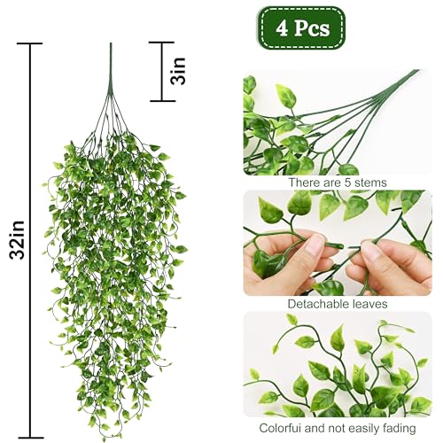 Waipfaru 4Pcs Artificial Hanging Plants, Fake Vines Boston Ivy - color: Boston Ivy, size: 4Pcs Plants
