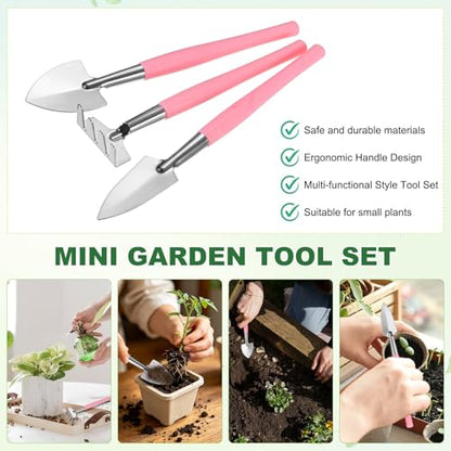 M METERXITY 2-Set Mini Gardening Tools, Stainless Steel Miniature Gardening Rake, Trowel, and Shovel for Seedlings/Bonsai/Succulents/Herbs/Terrariums and Planting [Pink/Green] - color: Pink/Green