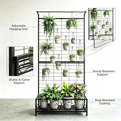 Zhongma Metal Planter with Trellis Raised Bed with Trellis for Vine Climbing Plants Flowers(12.8 x 35.43 x 74 in), 74 Inch Height Privacy Screen with Hanging Plant Pot Shelf - size: 12.8 x 35.43 x 74 in