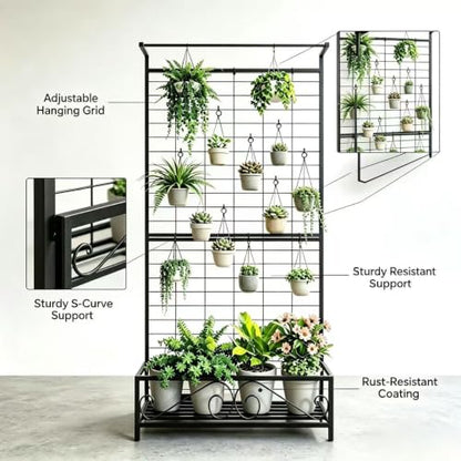 Zhongma Metal Planter with Trellis Raised Bed with Trellis for Vine Climbing Plants Flowers(12.8 x 35.43 x 74 in), 74 Inch Height Privacy Screen with Hanging Plant Pot Shelf - size: 12.8 x 35.43 x 74 in