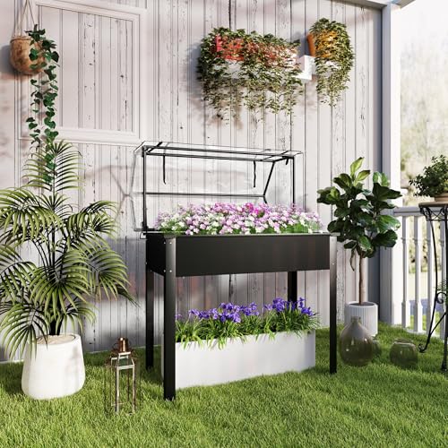 Outsunny Raised Garden Bed with Flip-Up Cover, 39.4"x18.9"x48.8", Black - color: Black