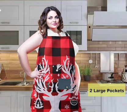 Plus Size Adjustable Bib Apron Water Resistant Canvas Extra Wide Long Ties Aprons with 2 Pockets Kitchen Cooking Gardening - color: Christmas Reindeer on Red-black Plaid