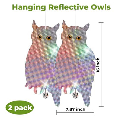 Dyvicl Fake Owl Hanging Reflective Owl Woodpecker Bird Deterrent Control Device for House Windows Outdoor Garden Yard, 2 Pack