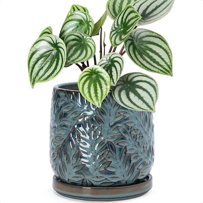 D'vine Dev Embossed Leaves Ceramic Planter, 6 in, Ocean Teal, 27-A-X-8 - color: Ocean Teal, size: 6 Inch
