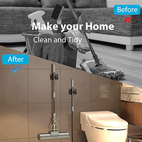 homeasy Broom Holder Wall Mount 4Pcs, Self Adhesive Mop Broom Hanger Black - color: Black