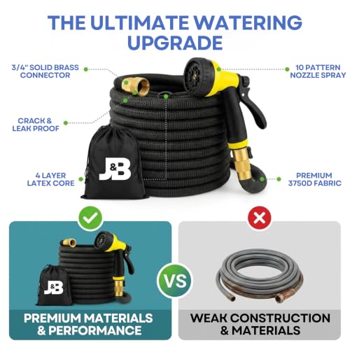J&B XpandaHose 100ft Expandable Garden Hose, Lightweight, Brass Connectors - color: Black, size: 100ft