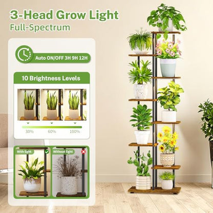 iDavosic.ly Plant Stand Indoor with Grow Lights, Tall 7 Tier Shelf, Brown - color: Rustic Brown with Light, size: 7 Tier