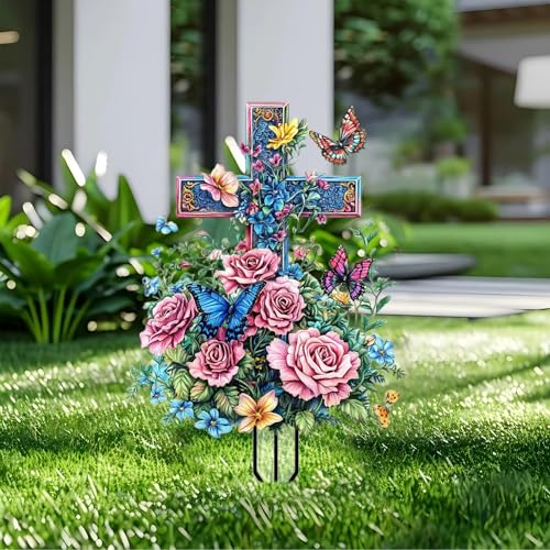 Flower Cross Garden Stakes Decor Yard Acrylic - 2D Garden Acrylic Sign Decoration, Fantasy Yard Art, Gift for Nature Lovers, for Outdoor & Indoor Flower Pots, Yard, Mini Gardens & Lawn (5.9”x5.9”) - color: G