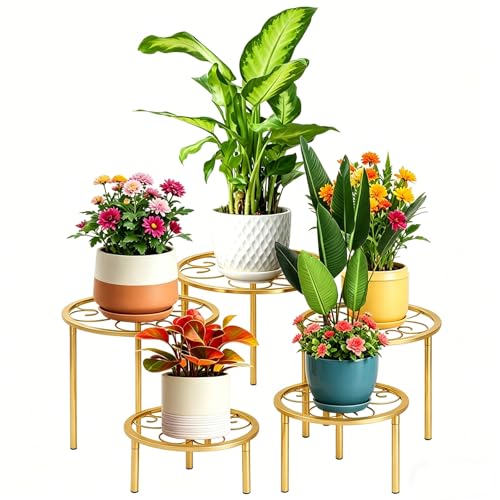 5 Pack Metal Plant Stands, Plant Shelf, Plant Holders for Indoor Outdoor - color: Gold - 5 Pack