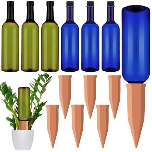 SiliFine 6 Sets Terracotta Watering Spikes,Blue Green and Terracotta - color: Blue Green and Terracotta