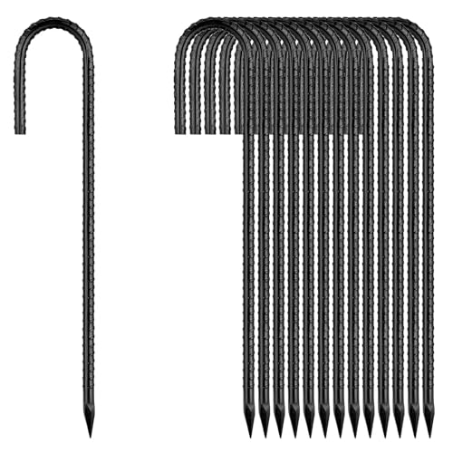 12 Inch Rebar Stakes, J Hook Ground Stakes 20 Pack Black Ground Anchors for Tent Heavy Duty for Plants Anti-Rust Landscape Fabric Artificial Turf - color: J-HOOK-Black-6mm, size: 20pcs