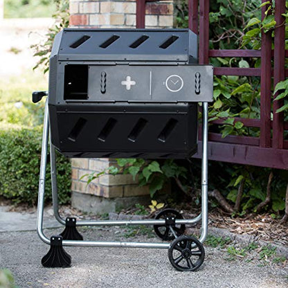 FCMP Outdoor Dual-Chamber Tumbling Composter with Wheels, Black, 37 Gallon