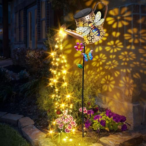 Large Solar Watering Can with Cascading Lights Outdoor Garden Decor - color: Bee-Yellow