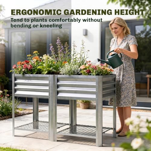 Outsunny Galvanized Steel Raised Garden Bed with Storage Shelf, Silver - color: Silver
