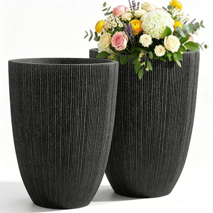 19" Black Concrete-Look Resin Tall Planters with Fluted Texture - color: 19"h-mediterranean Black