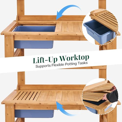 Jocisland Outdoor Solid Wood Potting Bench with Large Tabletop, Sink&Shelf