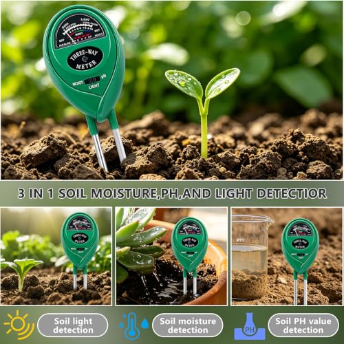 Soil Tester, Soil pH Meter, 3 in 1 Soil Test Meter for Moisture, Soil Moisture Meter for Plants, PH Value & Sunlight Hours, No Batteries Required