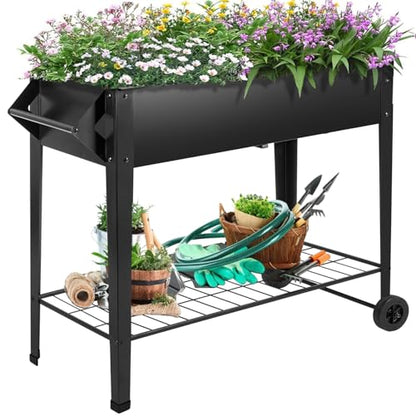 32" Rolling Raised Garden Bed with Wheels, Metal Elevated Planter Box