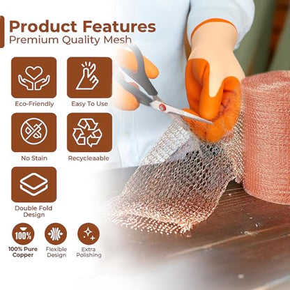 Copper Mesh Rodent Control Roll, 5 in x 202 ft, with Scissors and Gloves - size: 5in x 202ft