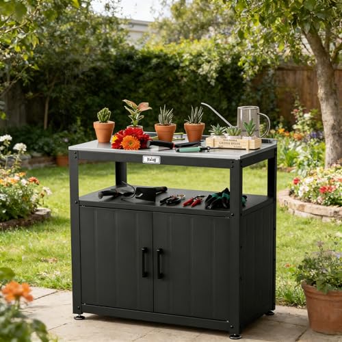 Feasto Heavy-Duty Potting Bench with Storage & Stainless Steel Top - color: Black
