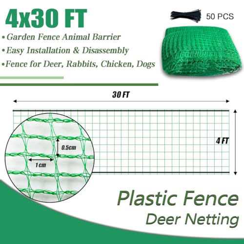 Garden Fence 4 x 30 FT,0.4" Mesh Plastic Fencing,50PCS Zip Ties - size: 4ftx30ft