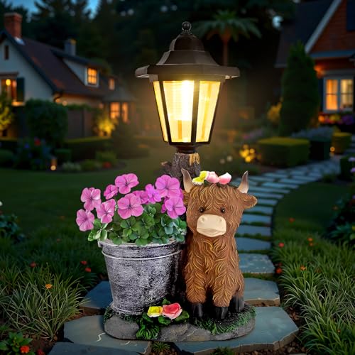 Solar Highland Cow Outdoor Garden Statues with Flowerpot & Lantern Decor - color: Highland Cow