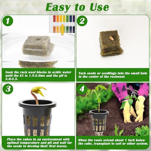 50 PCS 1" Rockwool Cubes & 50 PCS 1.5" Net Cups for Hydroponics - color: Black