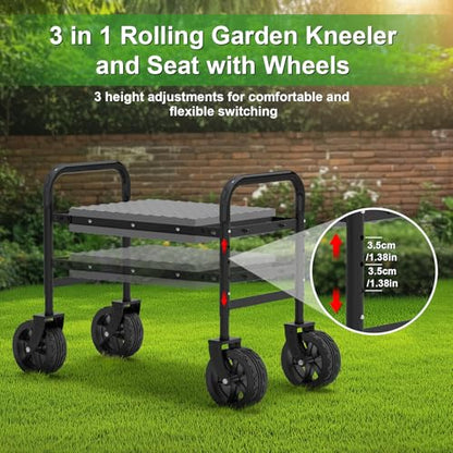 Garden Kneeler and Seat with 360° Wheels: 3-in-1 Rolling Gardning Stool