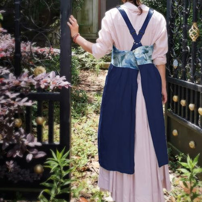 Cotton Linen Apron Cross Back Apron for Women with Pockets Pinafore Dress - color: Flora Navy Blue