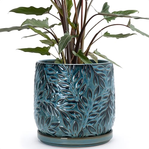 D'vine Dev Embossed Leaves Ceramic Planter, 8 in, Ocean Teal, 27-A-Q-8 - color: Ocean Teal, size: 8 Inch
