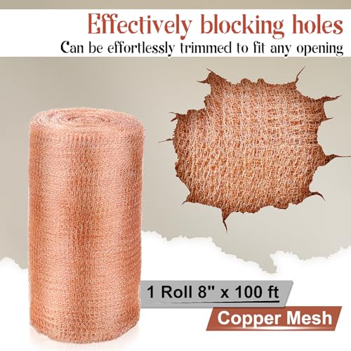 8" x 100 ft Copper Mesh for Rodent Control, Rustproof Copper Wool for Slugs, Bats, Snails, Birds, DIY Hole Filler, Gap Blocker for Gardening and Home Use