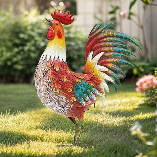 Metal Rooster Yard Decor, 21" Outdoor Garden Statues for Patio - color: 21.5"h-retro Red Rooster
