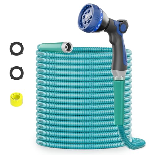 SPECILITE 25ft 304 Stainless Steel Metal Hose (Sky Blue) with Blue Nozzle - color: Sky Blue, size: 25 ft