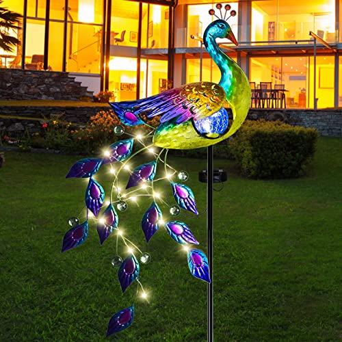 DREAMSOUL Peacock Solar Lights Outdoor Crackle Glass LED Lawn Patio Decor - color: Multi-colored