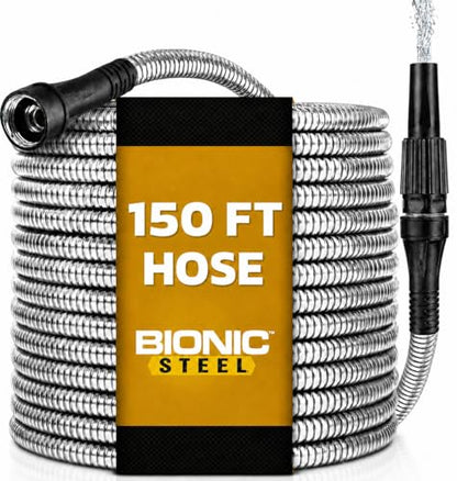 BIONIC STEEL 150 Ft Metal Garden Hose with Sprayer Nozzle - size: 150'