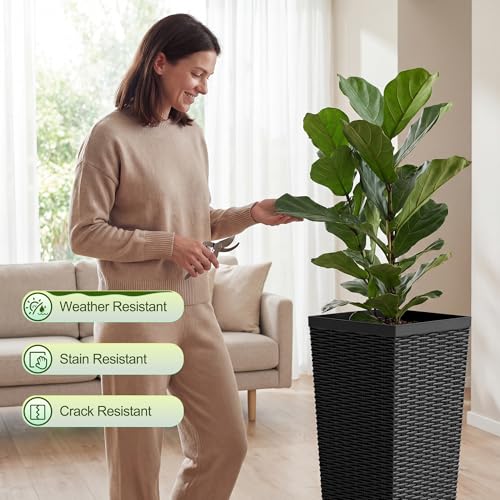 Devoko Resin 30'' Tall Planters Large Taper Outdoor Planter - color: Black, size: 30" With Trays
