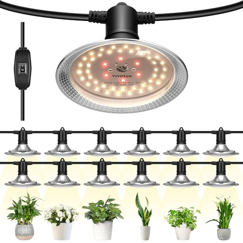 VIVOSUN Outdoor LED Grow Lights, Waterproof String Grow Light, Full Spectrum Plant Growing Lights with 44Ft Adjustable Cord for Seedling, Veg, Flower in Greenhouse, Garden, Backyard, Farm (12-Light) - size: 12 Lights