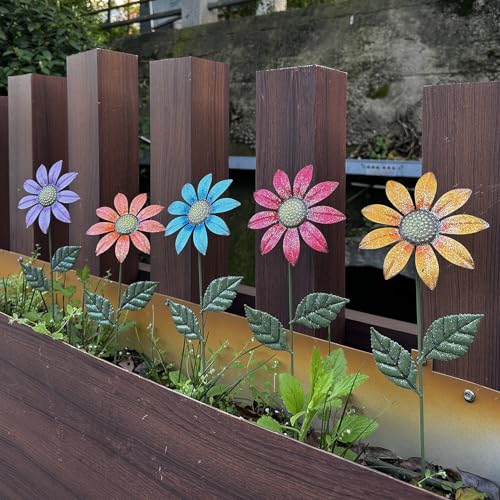 HUTHDAK Metal Flowers for Outside,5 Pack 16.15" Decorative Garden Stakes - color: 5 Glitter Flowers（16.15inch）