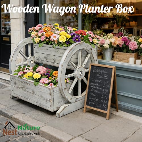 NestNature Wooden Wagon Planter Box|Raised Garden Bed W/Wheels for Plants - color: Antique White, size: Classic-2Tier