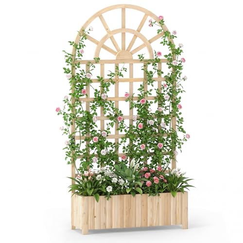 Happygrill Wooden Raised Garden Bed with Trellis & Privacy Screen - color: Natural, size: 36''x12''x71''