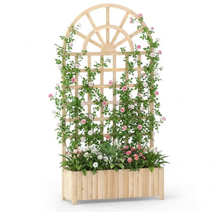 Happygrill Wooden Raised Garden Bed with Trellis & Privacy Screen - color: Natural, size: 36''x12''x71''