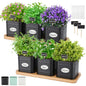LemonRoad 6 Pcs Indoor Herb Planter Window Herb Pots for Kitchen with Drainage Hole and Bamboo Tray Farmhouse Metal Garden Planter Pot with DIY Label Mom Plant Gift(Black,Square)