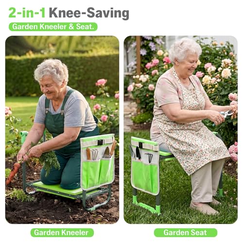 Garden Kneeler and Seat Heavy Duty, Foldable Gardening Stool Bench - color: Green