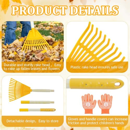 2PCS Adjustable Kids Rakes for Leaves & 2 Pairs Gloves, 34" Plastic Garden Yard Rake Small Childrens Lawn Rake Toddler Leaf Rakes with Detachable Hardwood Handle Gardening Tools for Boy Girl, Yellow - color: 2PCS Plastic Rakes+2 Pair Gloves