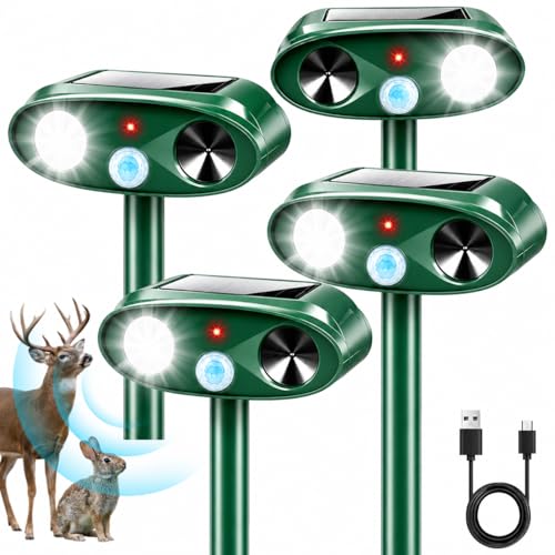 2026 Sonic Fortress Pro Deer Repellent Devices with USB Charge,Solar Ultrasonic Animal Repellent with Motion Sensor&Flash Light,Deer Deterrent for Flower beds,Vegetable Gardens,Plants 4Pack
