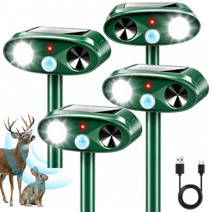 2026 Sonic Fortress Pro Deer Repellent Devices with USB Charge,Solar Ultrasonic Animal Repellent with Motion Sensor&Flash Light,Deer Deterrent for Flower beds,Vegetable Gardens,Plants 4Pack