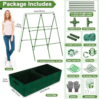 Tidponra Cucumber Trellis for Garden, 34 X 47 Inches A Frame Gardening Trellis with Fabric Raised Garden Bed, Climbing Net and Plant Support Clips for Climbing Plants - size: 34 X 47 Inches