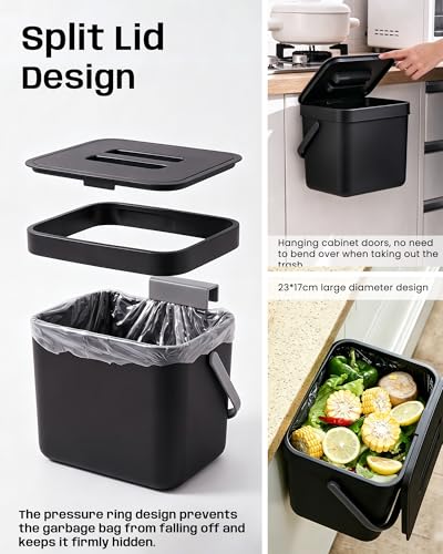 1.8 Gal Countertop Compost Bin, Hanging Trash Can 7L/Black - color: BLACK, size: 7 L / 1.8 Gal - Lid