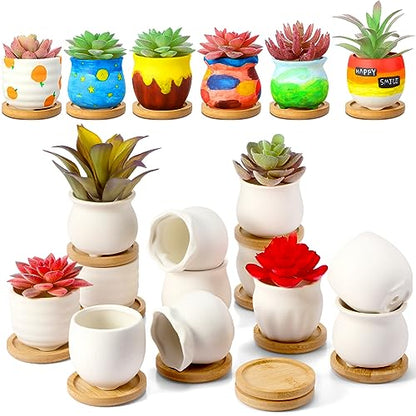 Remerry 6 Pcs 2.5 Inch Mini DIY Ceramic Succulent Pots with Bamboo Tray - size: 2.5 Inch